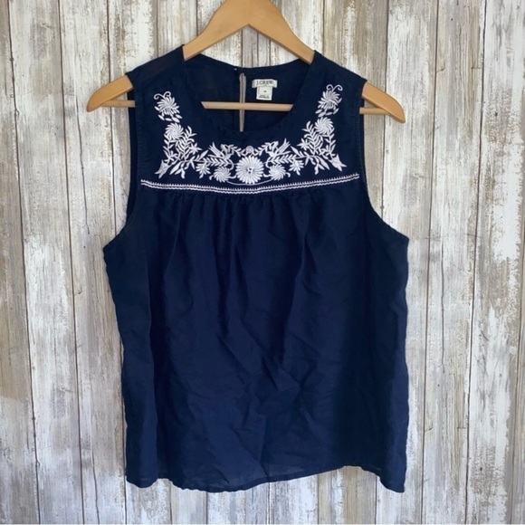 J. Crew Linen Blend Navy Embroidered Neck Sleeveless Blouse - Picture 2 of 5